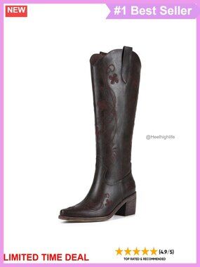 Floral Embroidered Faux Leather Knee High Western Cowboy Boots Pointed Toe